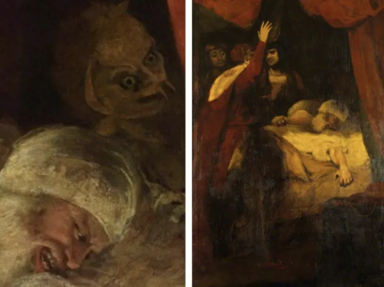 En la pintura se puede observar al demonio de ojos saltones y grandes colmillos.