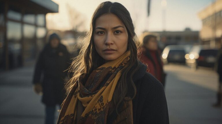 Mujer mexicana migrante viendo fijamente hacia el frente.