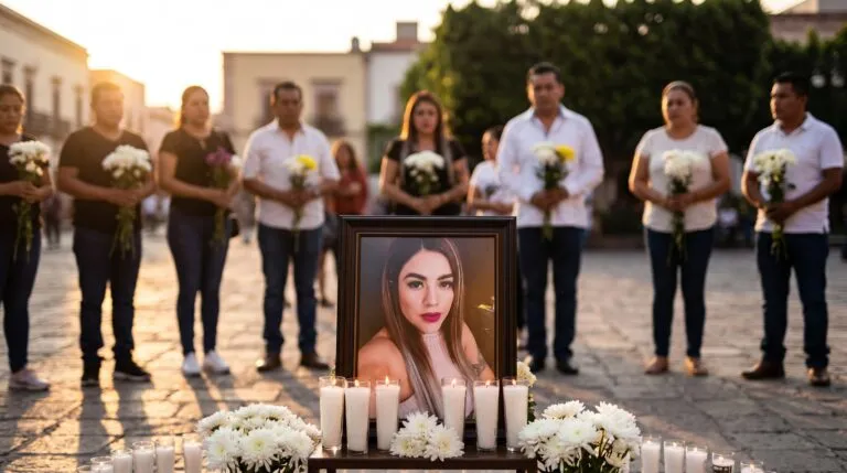 Memorial con el retrato de Jessica Magdalena, flores blancas y veladoras durante un homenaje en Guanajuato.