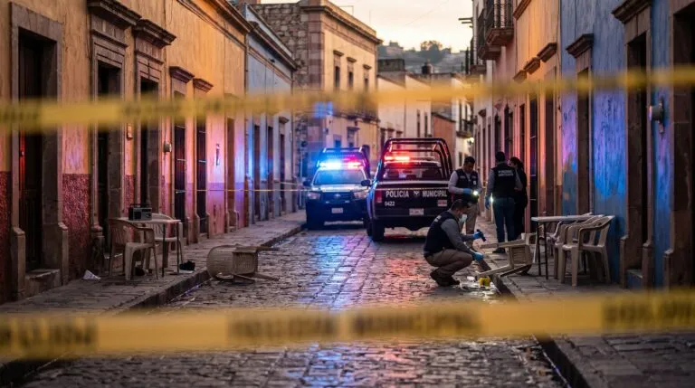 Elementos de seguridad e investigadores trabajan en una calle acordonada tras un ataque armado en Guanajuato.