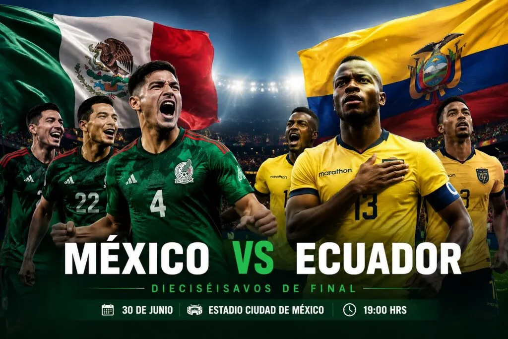 Ilustración editorial del partido entre México y Ecuador por los dieciseisavos de final de la Copa Mundial 2026.