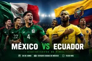 Ilustración editorial del partido entre México y Ecuador por los dieciseisavos de final de la Copa Mundial 2026.