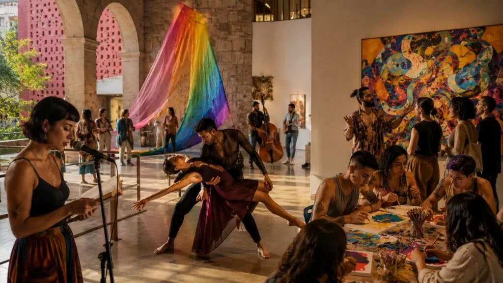 Personas participan en actividades artísticas y culturales que promueven la diversidad, la inclusión y el diálogo comunitario en Guanajuato.