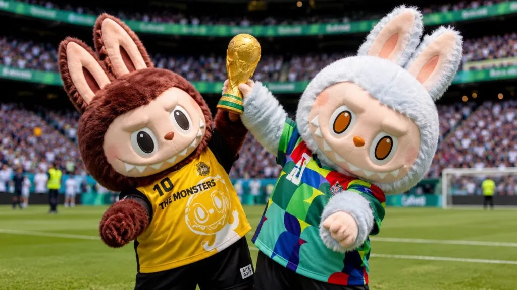 Dos figuras de Labubu con uniformes inspirados en el futbol celebran sobre la cancha de un estadio durante el Mundial 2026.