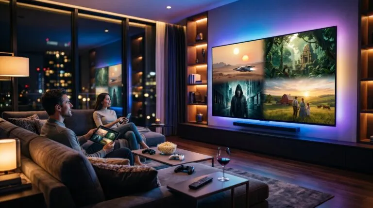 Sala moderna con una pantalla de televisión rodeada de ilustraciones inspiradas en las principales series que se estrenarán durante julio.