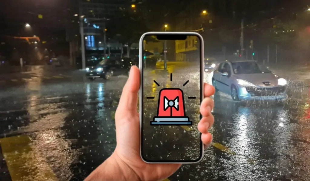 Teléfono celular mostrando una alerta de emergencia por fenómenos naturales en Guanajuato.