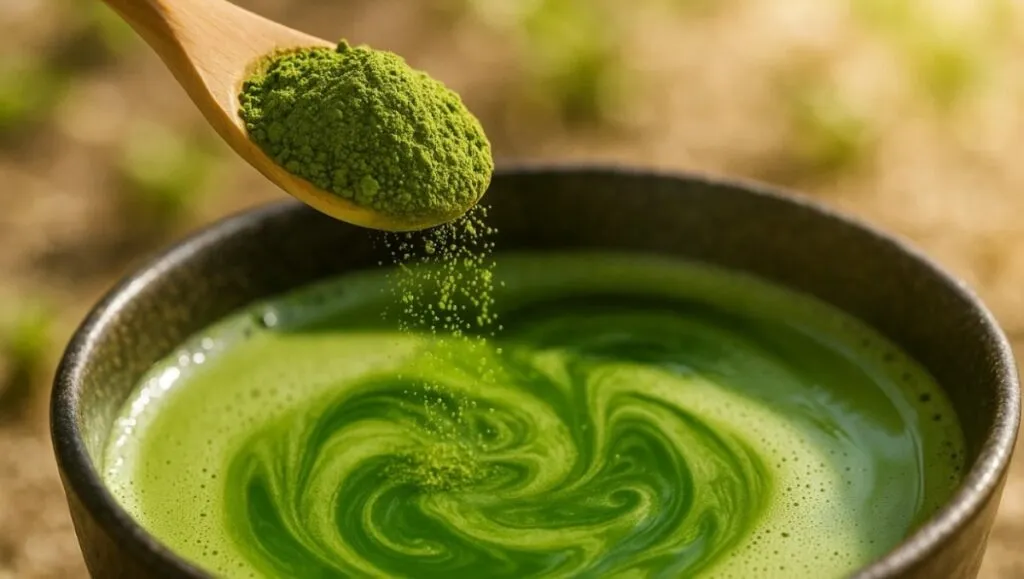 un matcha latte frío junto a un mochi japonés, con una cafetería de fondo.